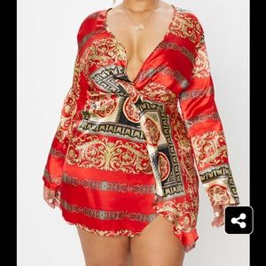 Plus Red Printed Satin Long Sleeve Wrap Dress